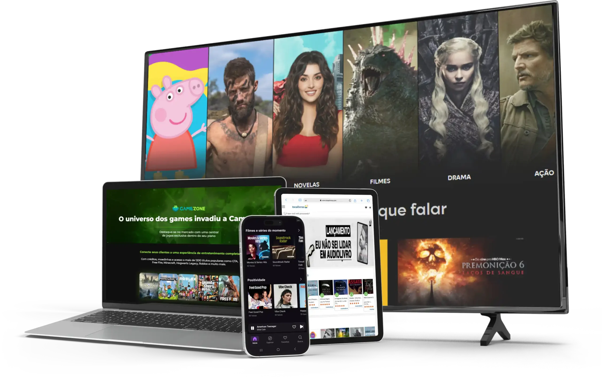 mockup de smart tv, notebook, tablet e celular, dos svas da campsoft