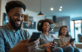 Clientes sorrindo, desfrutando de uma conexão de internet rápida e estável em múltiplos dispositivos. Imagem de fidelização e excelência em serviços (SVAs).